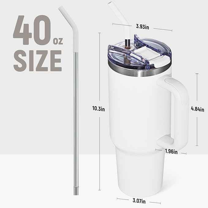 COKTIK 40 oz Tumbler With Handle and Straw, Insulated Tumbler With Leakproof Lids, Stainless Steel|BPA-Free, Cold for 24 H (Snow)