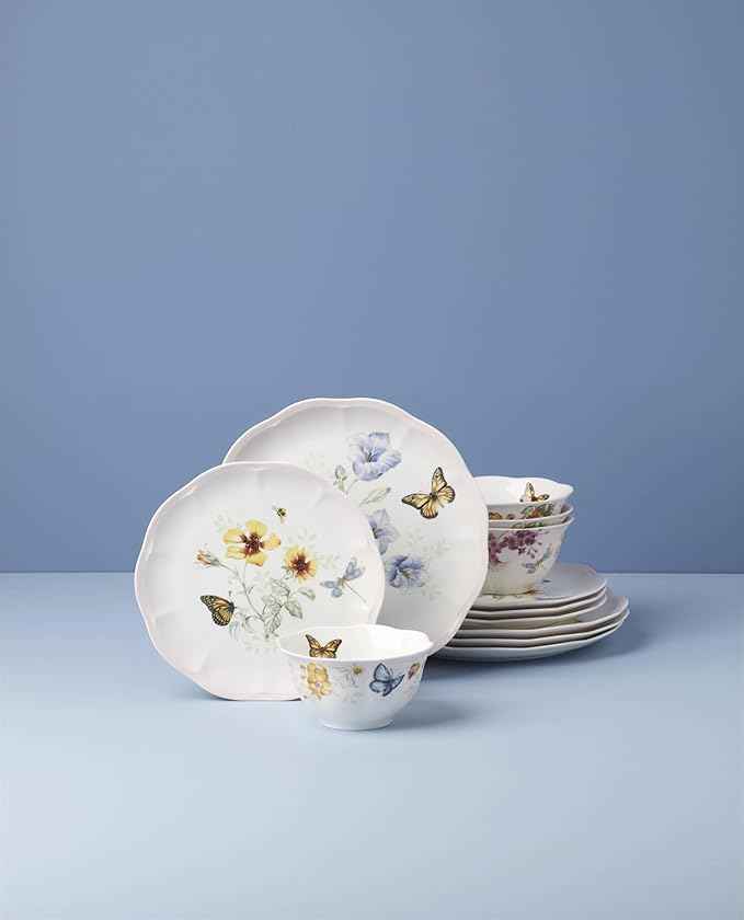 Lenox Dinnerware Set, Butterfly Meadow Pink 12-Piece Set, Service For 4, Porcelain Bowls, Plates And Bowls Set, Microwave Safe, Dishwasher Safe, Dishes, Home & Kitchen (Assorted, 12 Pieces)