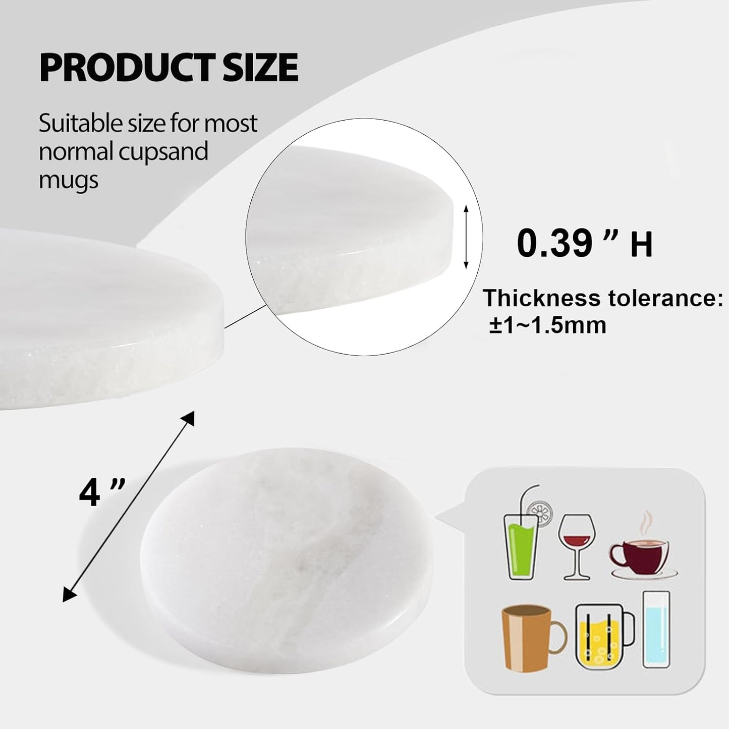 BCS Marble Coasters Set of 6 - Premium White Stone Coasters for Drinks with Holder - Cup Mats for Coffee, Tea, Beer, Wine - Elegant Table Decor for Home, Office, Dining