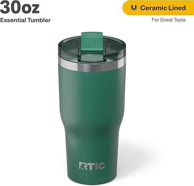 RTIC 30oz Essential Tumbler with Lid, Ceramic Lined, Insulated, Stainless Steel, Metal, Double Wall Vacuum-Insulation, Travel Cup for Iced Coffee, Tea, Hot and Cold Drink, Pine Tree