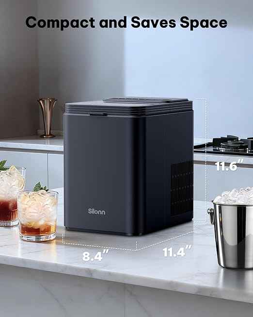 Silonn Ice Maker Countertop, 8 Ice Cubes in 6 Mins, 26.5 lbs/24H, 2 Bullet Ice Sizes, Self-Cleaning Bullet Ice Maker, Portable Ice Machine for Kitchen, Party, Office, and RV Camping
