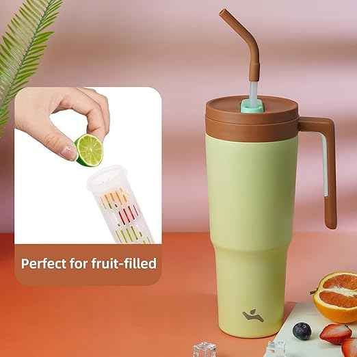 Konokyo Insulated Tumbler with Handle and Straw,40 OZ Vacuum Stainless Steel Water Bottle Travel Mug Metal Cup with Fruit Diffuser,Pistachio