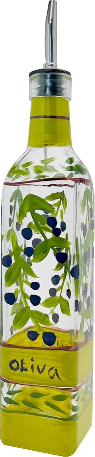 Hand Painted Glass Oliva Branch Oil/Vinegar Glass Cruet for Kitchen, 16 oz Olive Oil Dispenser With Stainless Steel Spout for Easy Pouring