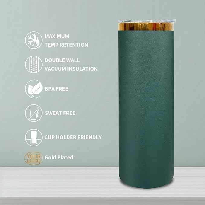 20 oz Skinny Tumblers Stainless Steel Tumbler with Lid and Straw Double Wall Vacuum Insulated Coffee Mug 20oz Powder Coated Cup for Hot and Cold Drinks(Green,8 pack)