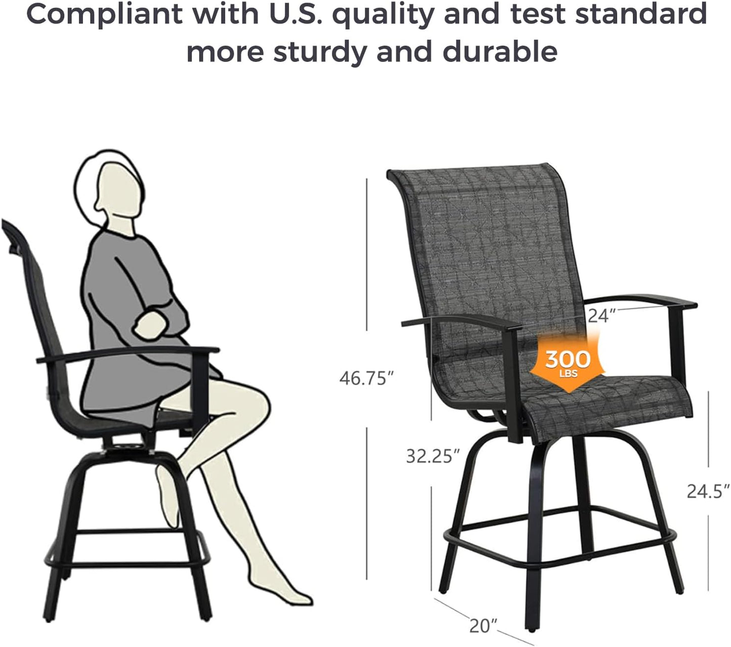 Grand patio 3 Piece Counter Height Patio Bar Set, Modern Round Bar Table and Swivel Bar Stools for Outdoor Kitchen Bistro Small Space Restaurant (Black&Grey Plaid, 3PC)