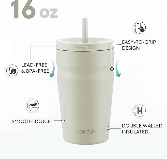 COKTIK 16oz Insulated Tumbler with Lid and Straw Iced Coffee Cup Reusable Stainless Steel Travel Mug Water Bottle Cupholder Friendly for Women Men Her Him (Almond Birch)