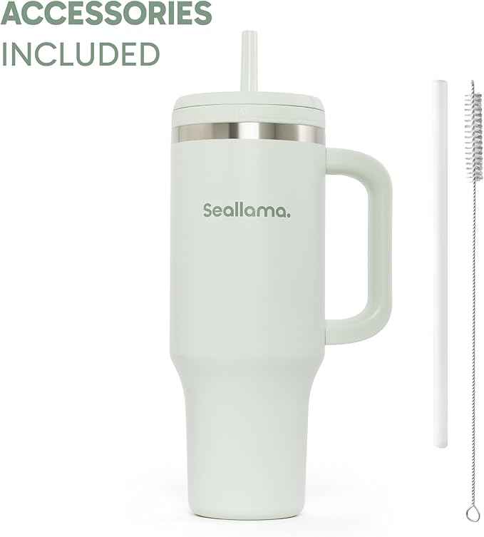 Seallama. Tumbler with Handle and Straw 40 oz | Cup Holder Compatible for Travel | Insulated Stainless Steel Cup | BPA-Free | (Matcha Frosting)