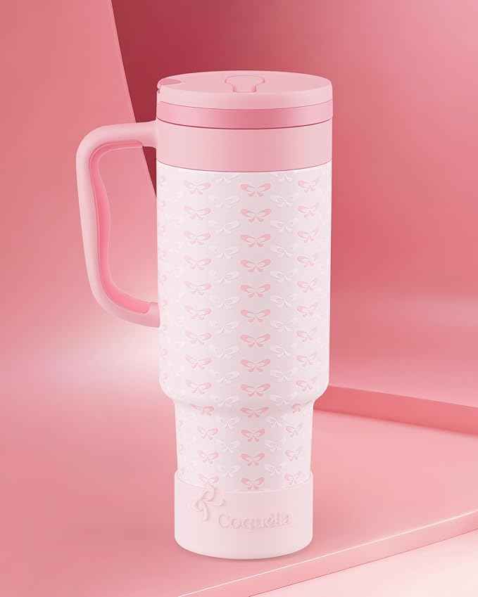 40 oz Insulated Tumbler with Handle and Push-Button Straw Lid, Stainless Steel Travel Cup for Gym Office, Leakproof, BPA-Free, Cup Holder Friendly, Bow Silicone Boot, Pink (Coquette Blush)