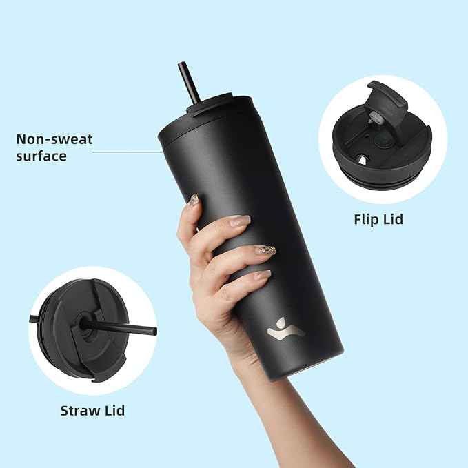 Konokyo 22 OZ Insulated Tumbler with Lid and 2 Straws Stainless Steel Water Bottle Vacuum Travel Mug Coffee Cup,Black