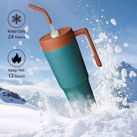 Konokyo Insulated Tumbler with Handle and Straw,40 OZ Vacuum Stainless Steel Water Bottle Travel Mug Metal Cup with Fruit Diffuser,Lake Blue