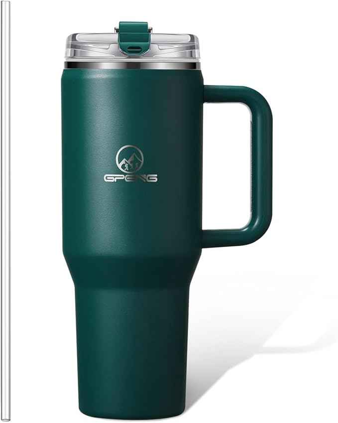 Gpeng 30/40/50 oz Tumbler with Handle, Water Bottles with Straw Lid, Insulated Stainless Steel Travel Mug Cup Holder Friendly, Keep Drinks Cold or Hot for Hours (PeacockGreen, 30 oz)