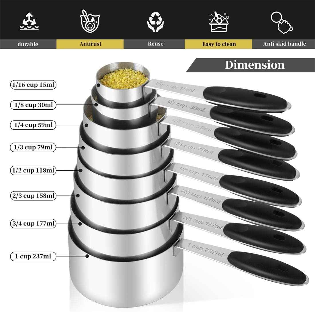 16 Pieces Measuring Cups and Magnetic Measuring Spoons Set Stainless Steel,8 Measure Cups with Silicone Handle and 7 Double Sided Magnetic Measure Spoons & 1 Leveler