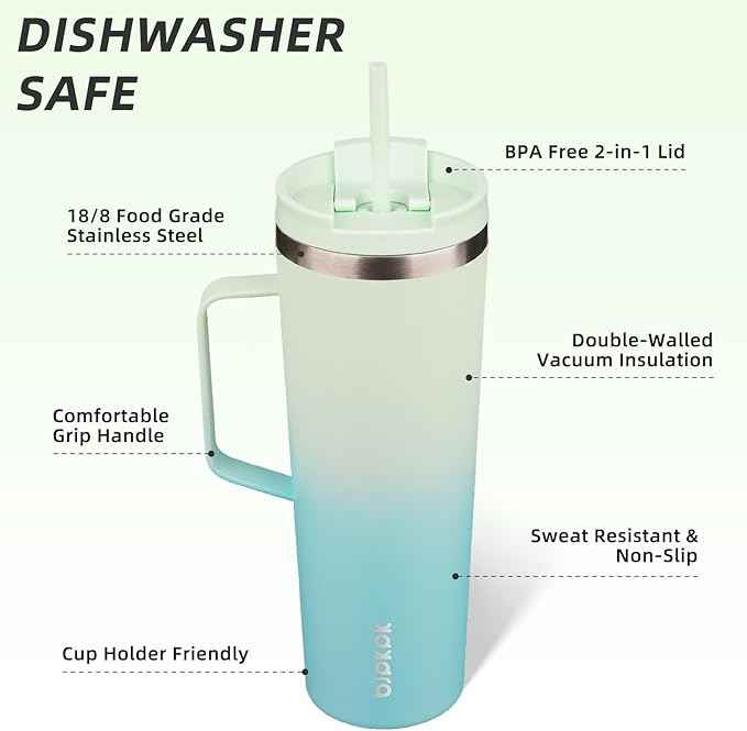 BJPKPK Insulated Tumbler with Handle, 30oz Insulated Tumblers with Lid and Straw, Stainless Steel Metal Water Bottles, Coffee Travel Mugs, Cups, Mint
