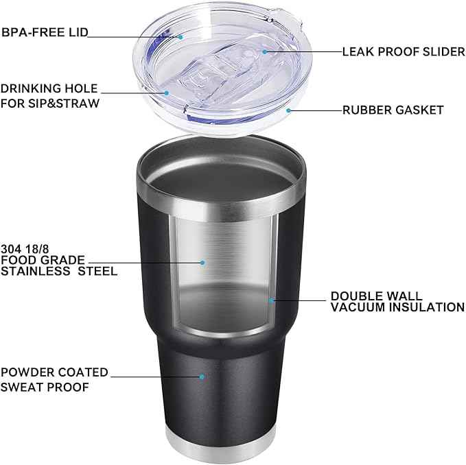 DOMICARE 30oz Tumbler Bulk with Lid and Straw, Double Wall Travel Coffee Mug, Insulated Vacuum Stainless Steel Tumblers, Powder Coated Tumbler Cup (Black, 8)