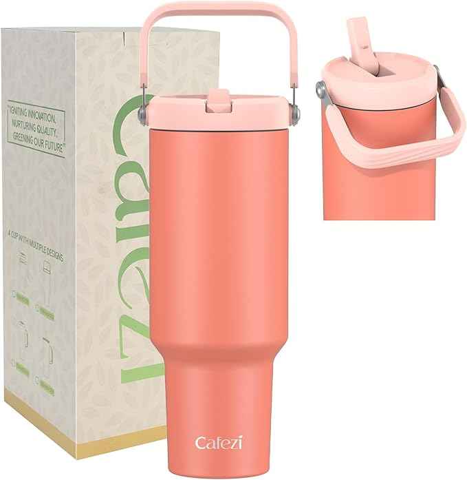 40 oz Insulated Tumbler with Top Handle and Flip Straw, Vacuum Insulated Stainless Steel Cup with Leak-Proof Lid, Sweat-Free, Fits Cup Holder, Keeps Ice Cold up to 30 Hours