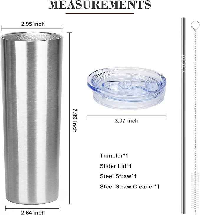 20 oz Skinny Tumbler with Lid and Straw,Stainless Steel Vacuum Insulated Tumbler Cup Double Wall Leak-proof Coffee Mug,Travel Thermal Water Tumbler for Office,Outdoor(Silver,1)