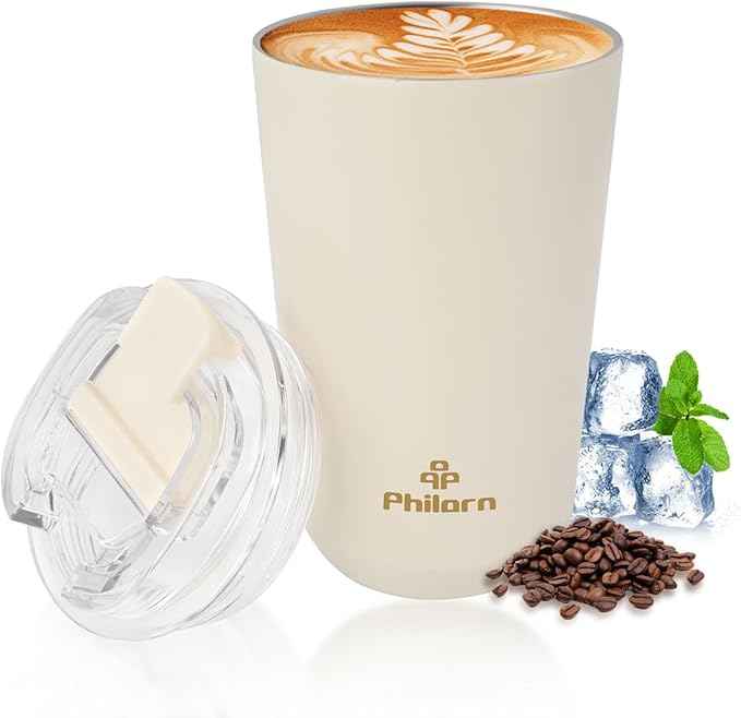 PHILORN Travel Coffee Mug, Coffee Cup-12 OZ Insulated With Lid, White Stainless Steel Coffee Mug with Double Wall, Thermal Cup for Hot & Cold Drinks