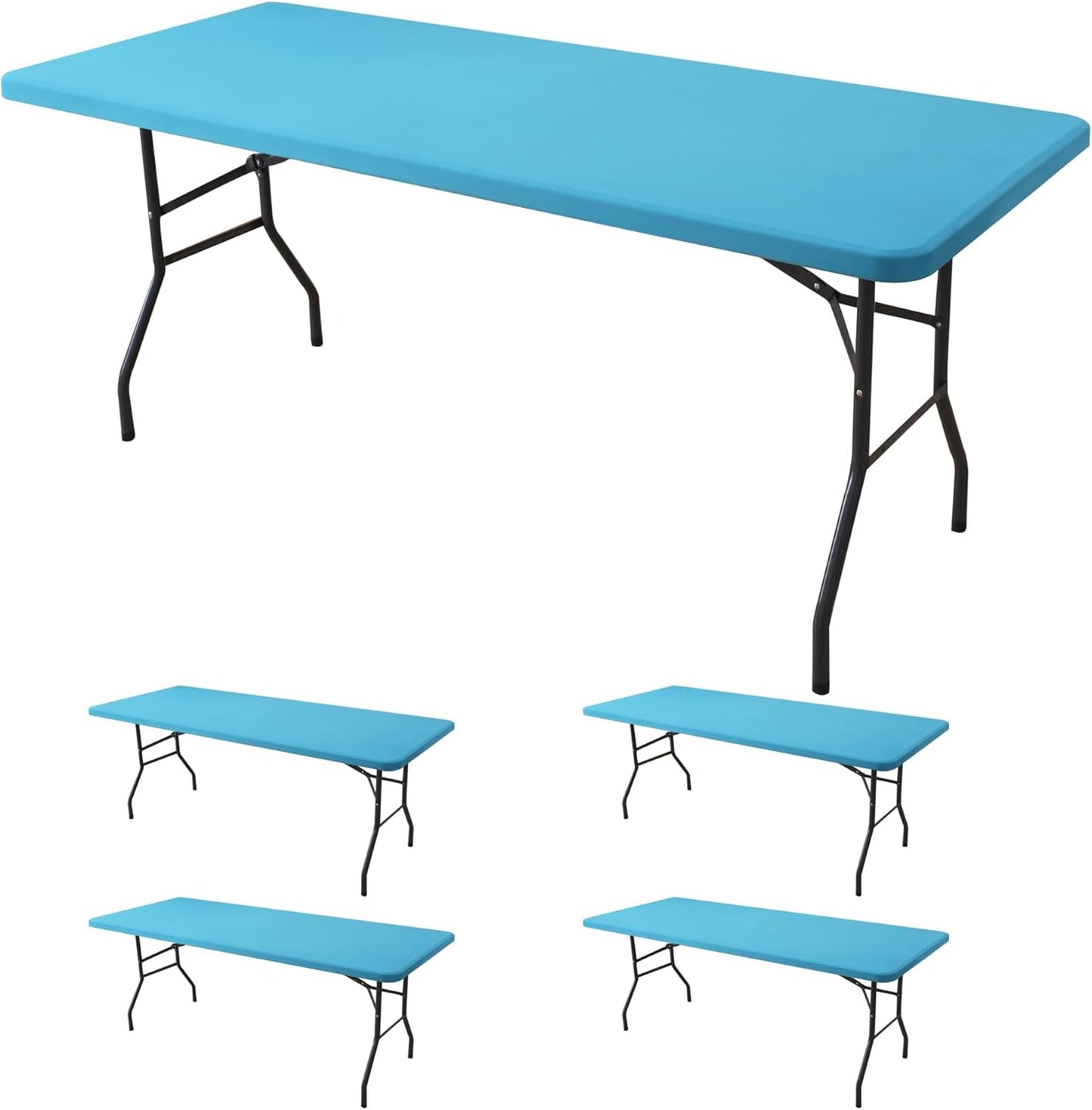 Fitted Tablecloth for 8 Foot Rectangle Table-4 Pack Light Blue Elastic Outdoor Picnic Table Cover-Spandex Stretch Folding Tablecloths 8ft for Camping Dining Room Patio Kitchen Banquet Party