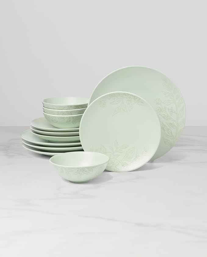 Oneida 897395 Roseto 12-Piece Dinnerware Set, Soft Sage