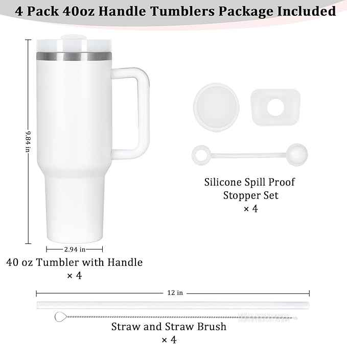 4 Pack 40 Oz Tumbler with Handle Bulk, Double Wall Vacuum Insulated Stainless Steel Tumbler with Lid and Straw, 40 oz cup with Silicone Spill Proof Stopper Set (White)