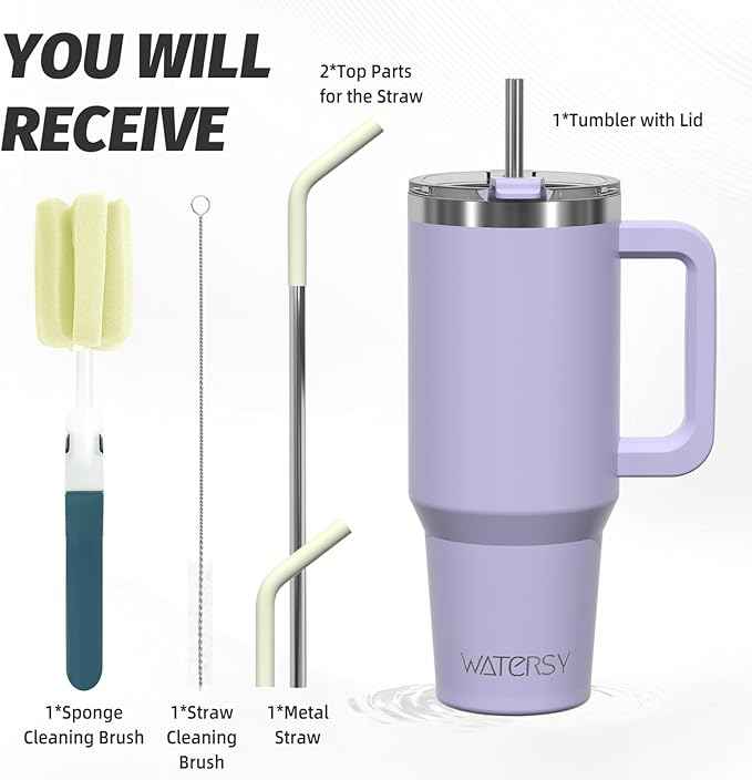 40 oz Tumbler with Handle,Tumbler with Lid and Straw,Double Wall Insulated Cup Stainless Steel Travel Mug(Cold for 34 Hours),Water Bottle for Iced Tea,Coffee,Cold Beverages(Purple)