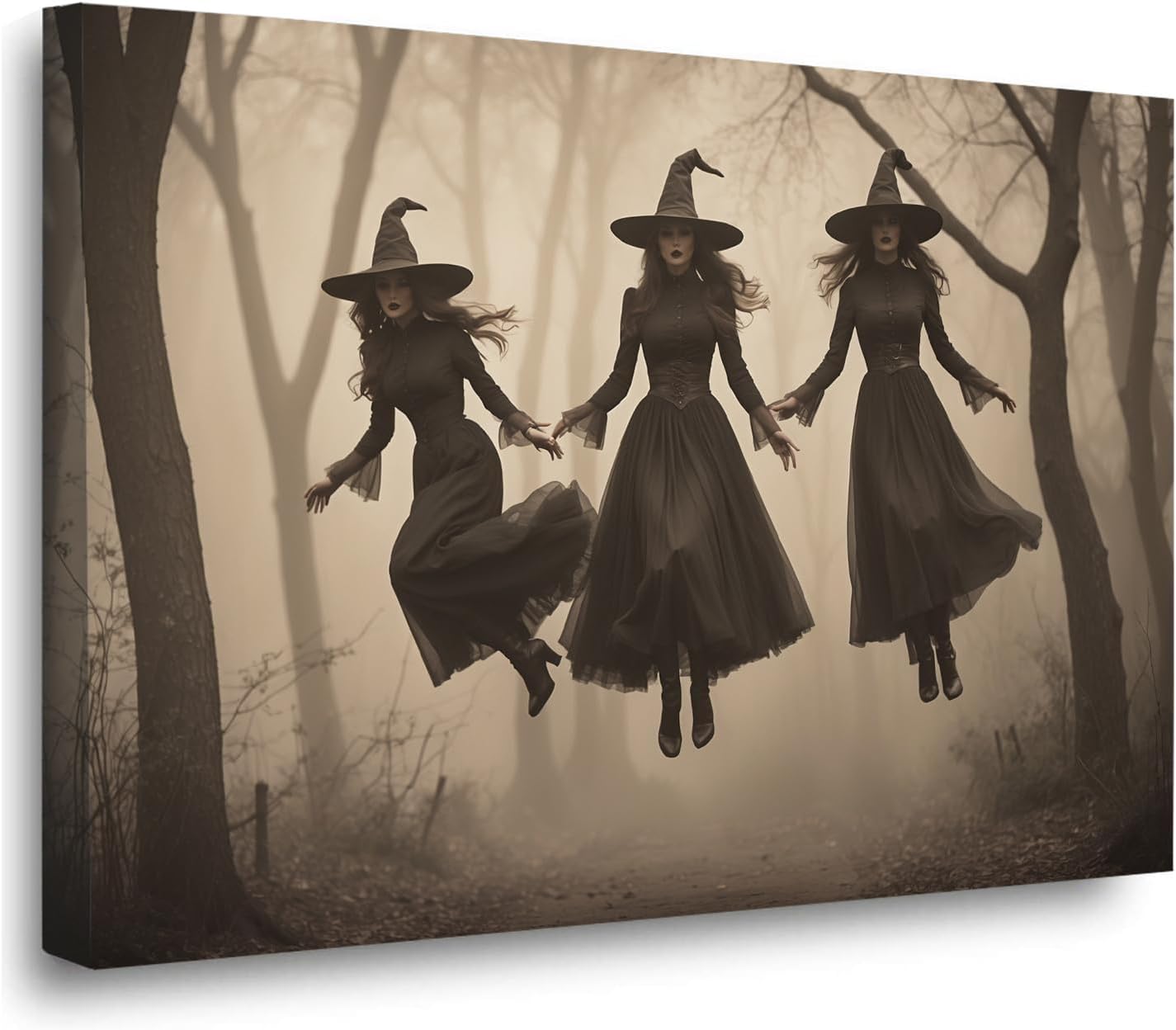 Three ghost witches flying in vintage forest gothic wall art witchcraft decoration holiday gift canvas wall art print16x24in Wood Framed