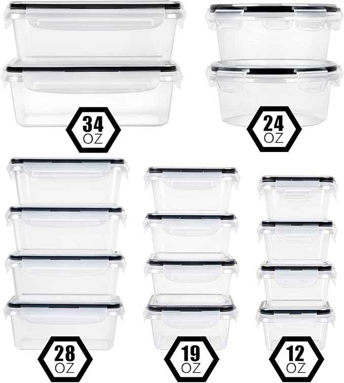 FOOYOO 32 Piece Food Storage Container with Lids (16 Containers + 16 Lids) - Plastic Food Containers with Lid, Airtight Leak Proof Snap Lock, BPA Free Storage Containers