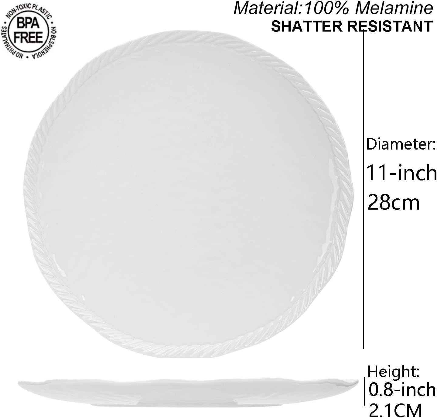 KX-WARE Melamine Plate, 11-inch Dinner Plates with Rope Edge Design, set of 6 White