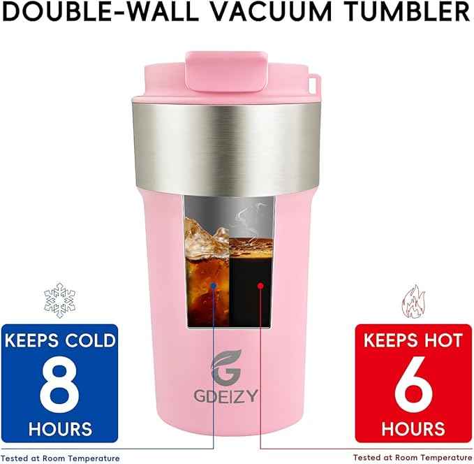 Insulated Coffee Mug, 17oz Stainless Steel Travel Mug with Flip-Top Straw Lid, Leak Proof Vacuum Insulated Tumbler, Reusable Coffee Cup for Hot & Cold Drinks, Pink