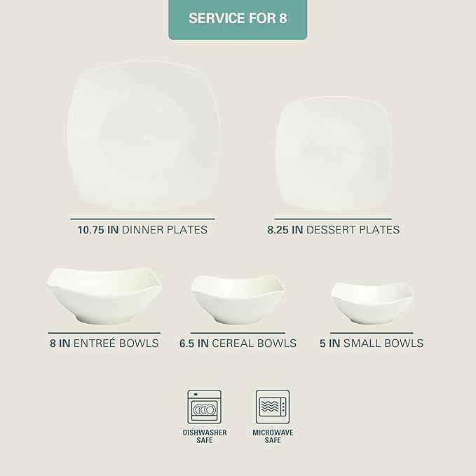Gibson Home Brentwood 40-Piece Dinnerware Set – Square White Porcelain Plates and Bowls, Service for 8, Dishwasher & Microwave Safe, Modern Everyday Dinner Set with Cereal, Dessert, and Entrée Bowls