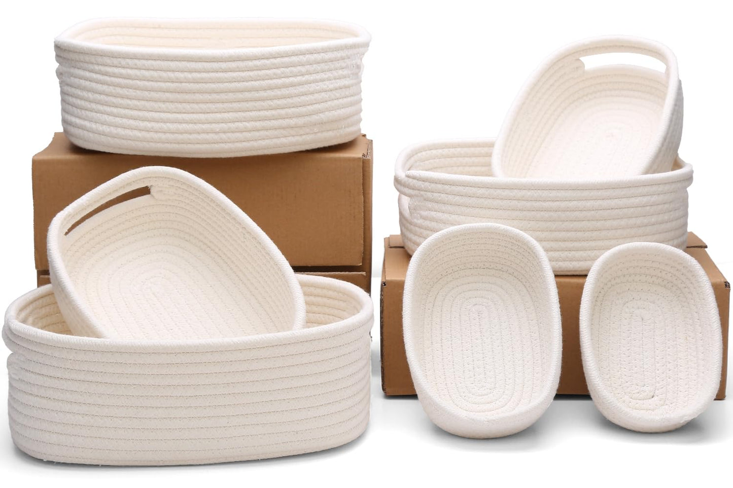 7 Piece Cotton Rope Woven Basket Set - Small Basket for Baby Nursery, Pets, Montessori, Dog & Cat Toy Boxes, Bathroom Organization Bins (White)