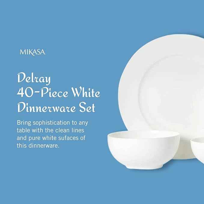 Mikasa Delray 40-Piece Bone China Dinnerware Set, White Round Dishes for 8 - Dinner Plates, Salad Plates, Cereal Bowls, Fruit Bowls and Mugs