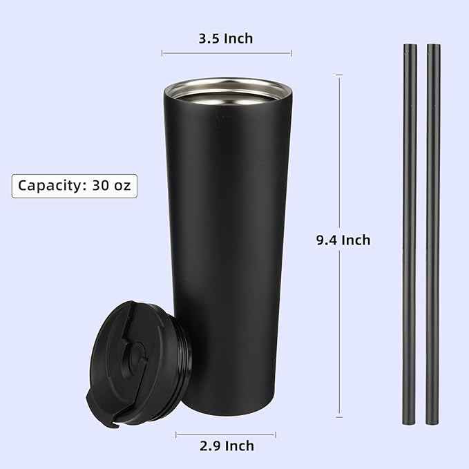 Konokyo 30 OZ Insulated Tumbler with Lid and 2 Straws Stainless Steel Water Bottle Vacuum Travel Mug Coffee Cup,Black