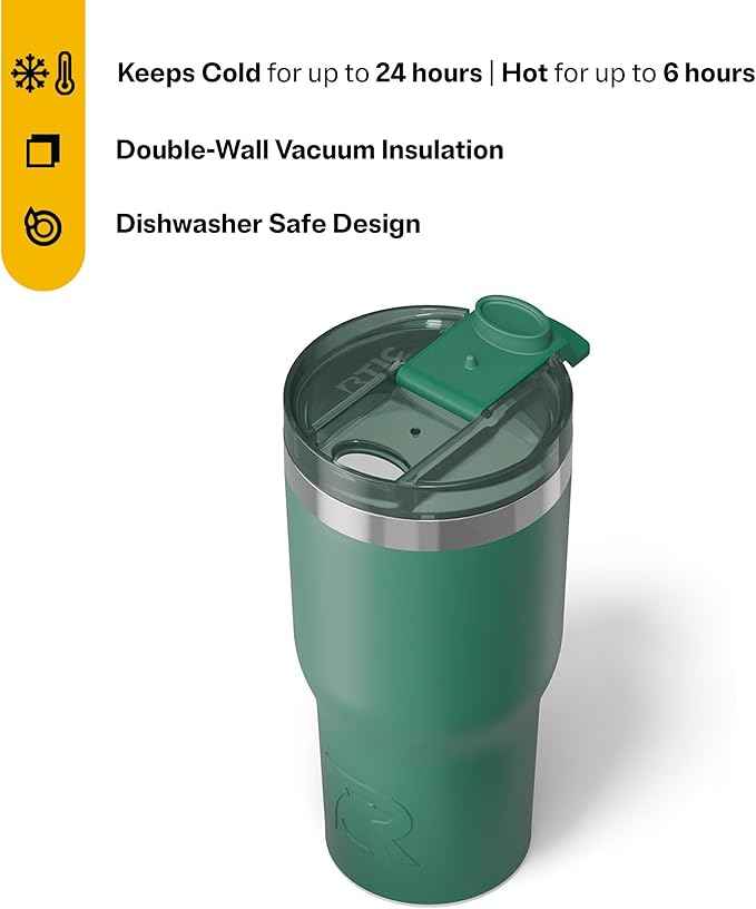 RTIC 20oz Essential Tumbler with Lid, Ceramic Lined, Insulated, Stainless Steel, Metal, Double Wall Vacuum-Insulation, Travel Cup for Iced Coffee, Tea, Hot and Cold Drink, Pine Tree