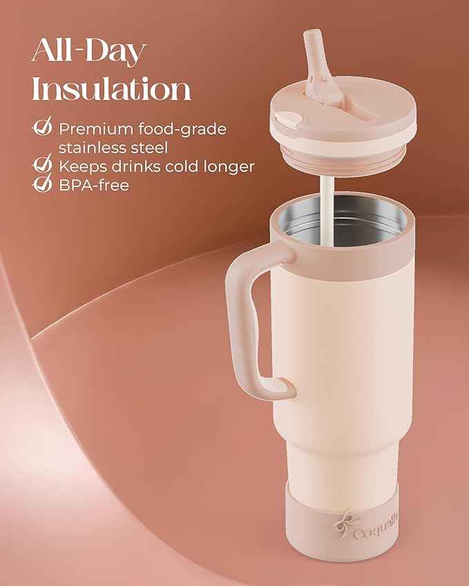 40 oz Insulated Tumbler with Handle and Push-Button Straw Lid, Stainless Steel Travel Cup for Gym Office, Leakproof, BPA-Free, Cup Holder Friendly, Bow Silicone Boot, Beige (Cream Latte)