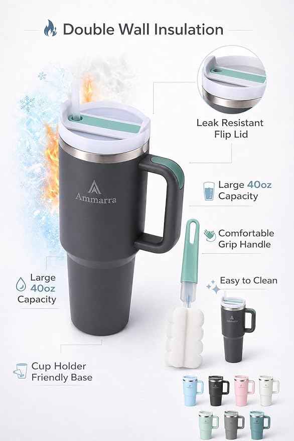 40oz Stainless Steel Vacuum Insulated Tumbler with Handle and Straw, Large Capacity Insulated Cup (Gray)