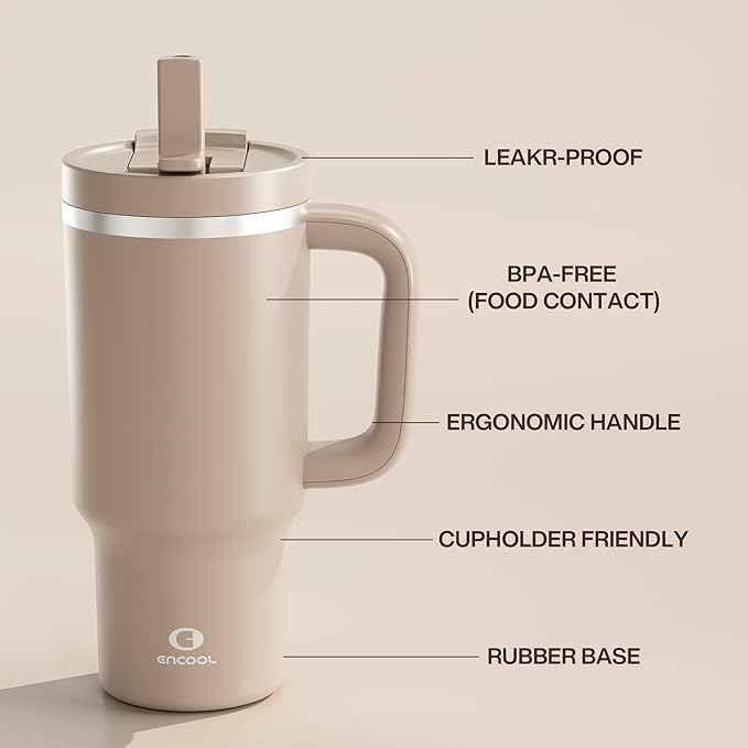 ENCOOL 32 oz Tumbler with Handle and Straw: Stainless Steel Insulated Tumbler Keeps Cold for 24 Hours, Leakproof Travel Cup Fits in Cup Holder and BPA-Free,Raw Umber
