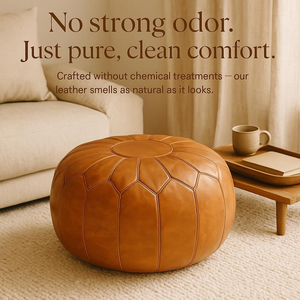 Moroccan Ottoman Leather Pouf – Luxurious Boho Decor for Living Room, Bedroom, or Lounge Seating | Handmade Comfort & Style