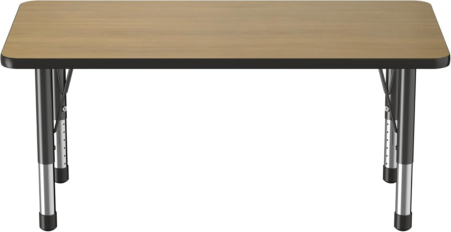 Factory Direct Partners FDP Rectangle (24 x 48 inch) Classroom Table with Adjustable Chunky Toddler Legs (15-24 in); Preschool, Kinder and Daycare Furniture - Pasadena Oak Top/Black Edge and Legs