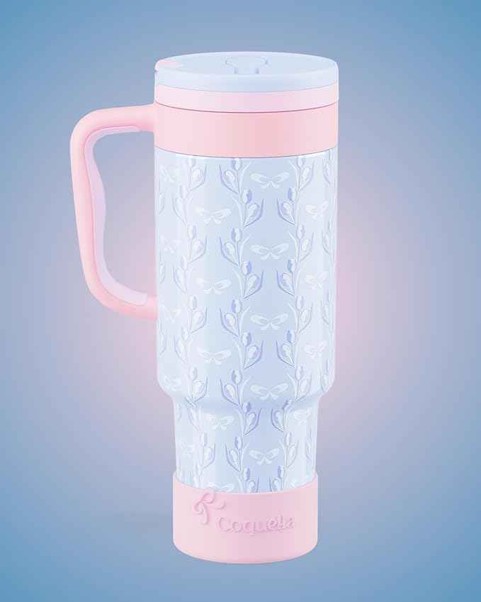 40 oz Insulated Tumbler with Handle and Push-Button Straw Lid, Stainless Steel Travel Cup for Gym Office, Leakproof, BPA-Free, Cup Holder Friendly, Bow Silicone Boot, Blue (Tulip Blue)