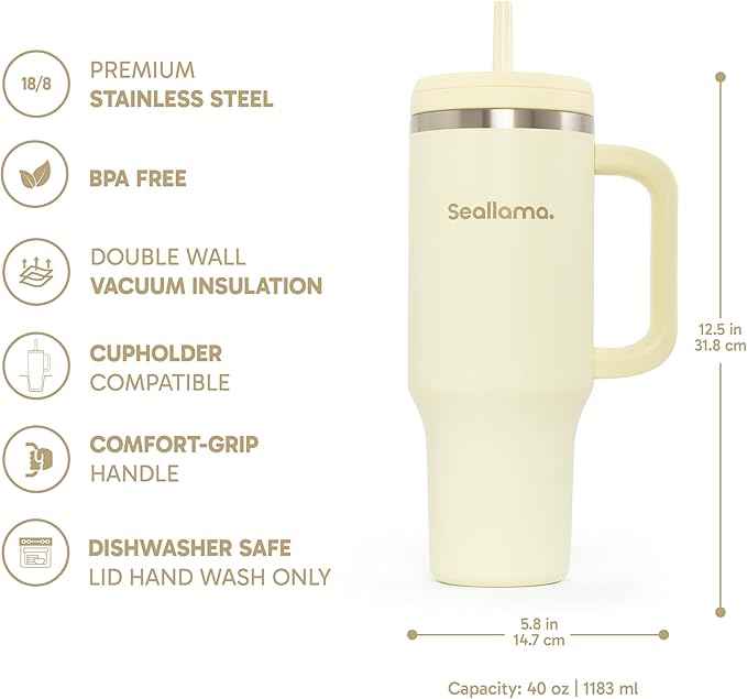Seallama. Tumbler with Handle and Straw 40 oz | Cup Holder Compatible for Travel | Insulated Stainless Steel Cup | BPA-Free | (Lemon Haze)
