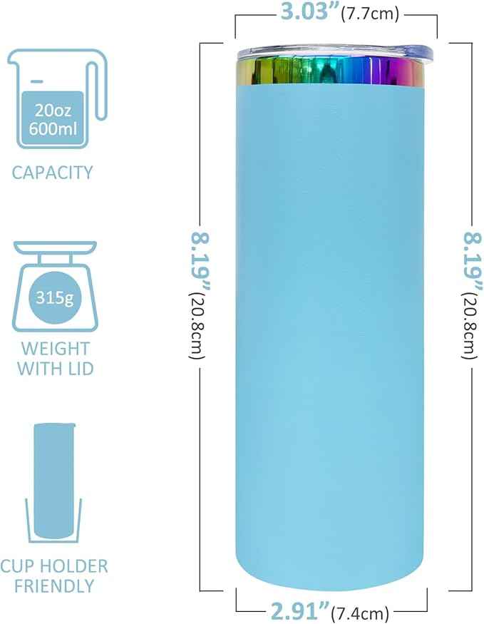 20 oz Skinny Tumblers Stainless Steel Tumbler with Lid and Straw Double Wall Vacuum Insulated Coffee Mug 20oz Powder Coated Cup for Hot and Cold Drinks(Blue,1 pack)