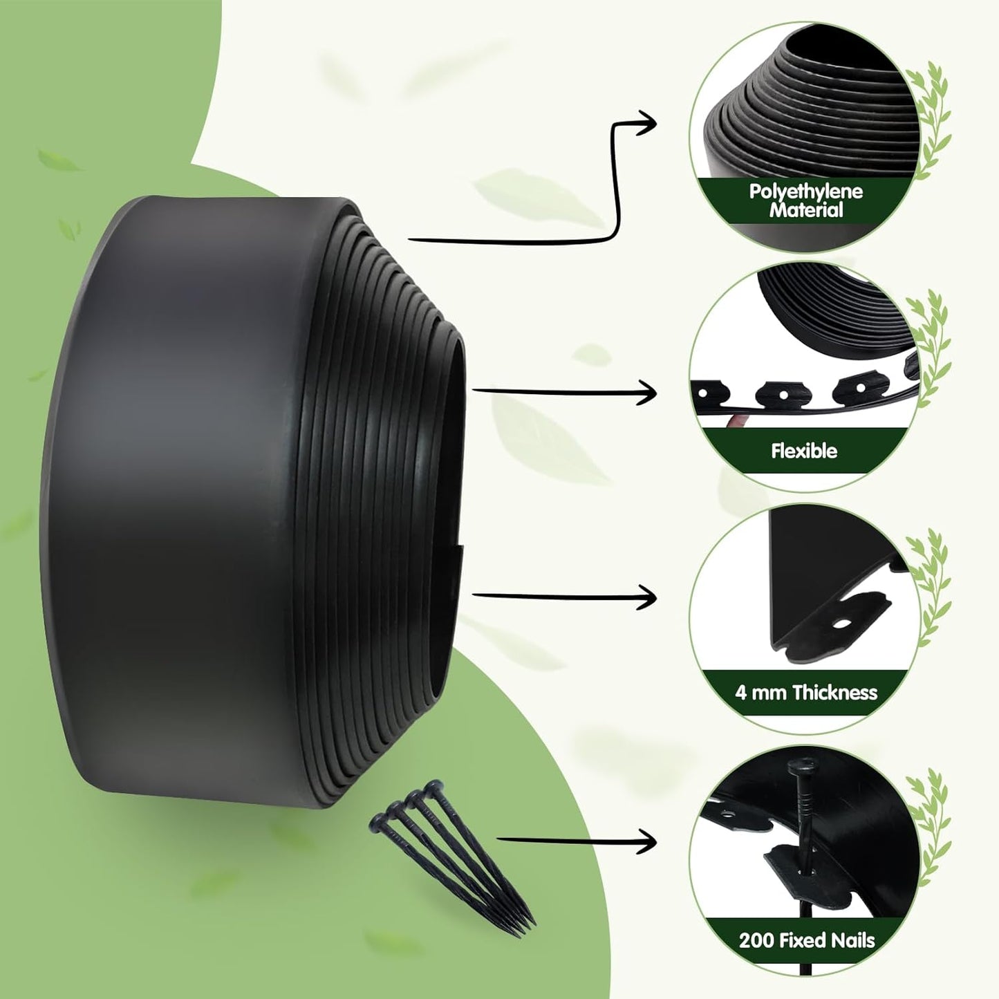 Landscape Edging - 2 Inch x 66FT Garden Border with 200 PCS Spikes, Plastic Lawn Edging for Flower Bed, Pathway and Yard(Black)