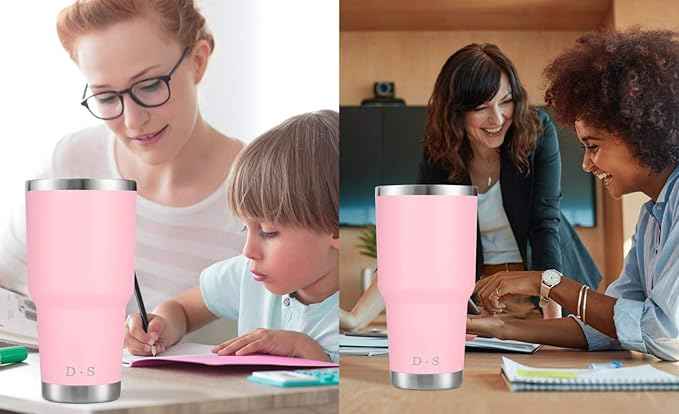 D·S 30 oz Pink Tumbler Stainless Steel Double Wall Vacuum Insulated Mug with Straw and Lid, Cleaning Brush for Cold and Hot Beverages (30oz Pink)