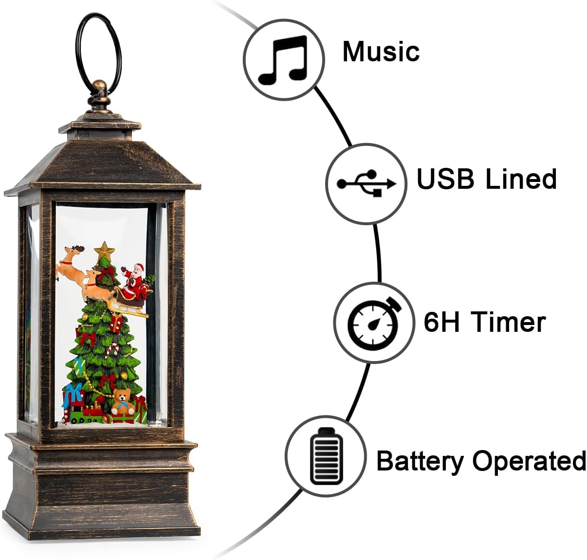 10'' Musical Snow Globe Lantern Lighted Christmas Tree and Flying Santa Water Lantern Swirling Glittering Home Decoration and Gift, Battery Operated or USB Powered