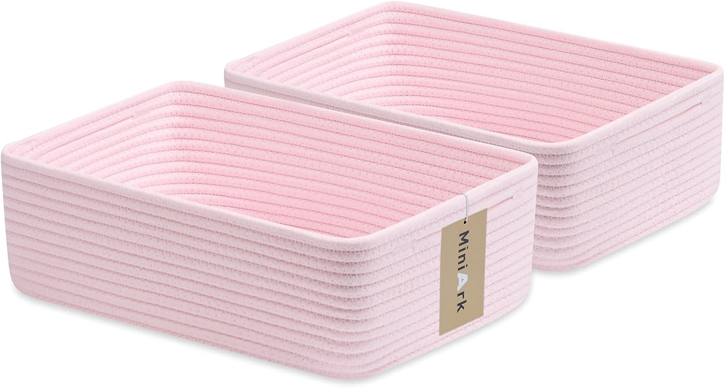 Large Shallow Organizing Baskets 15x11x5.1 Inches - Rope Woven Storage Bins for Bathroom, Shelves, Cube Closet, Light Pink 2 Packs