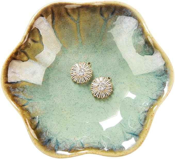 JAMEND CLXP Lotus Leaf Shape Ring Holder Dish, Small Key Bowl, Ceramic Trinket Tray Jewelry Dish Organizing Necklace Earrings for Mom Friend Sister. All Jewelries Are NOT Included. Crystal Green.