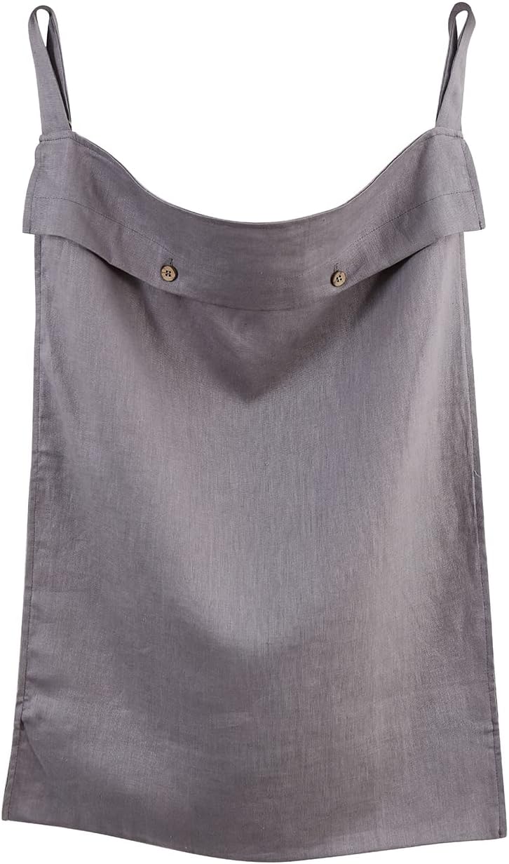 Linen Hanging Laundry Bag, 100% Linen Over The Door Laundry Hamper with Buttons and Zipper, Space Saving Door Hampers for Laundry Dirty Clothes Home Travel, Grey