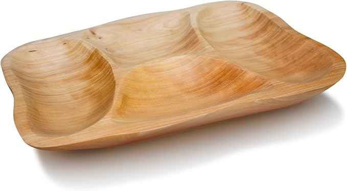 BTEOBFY Natural Wood 4-Compartment Divided Fruit Tray, Live Edge Handmade Serving Platter for Snacks, Sandwiches, Appetizers, Unique Hand-Carved Rustic Design