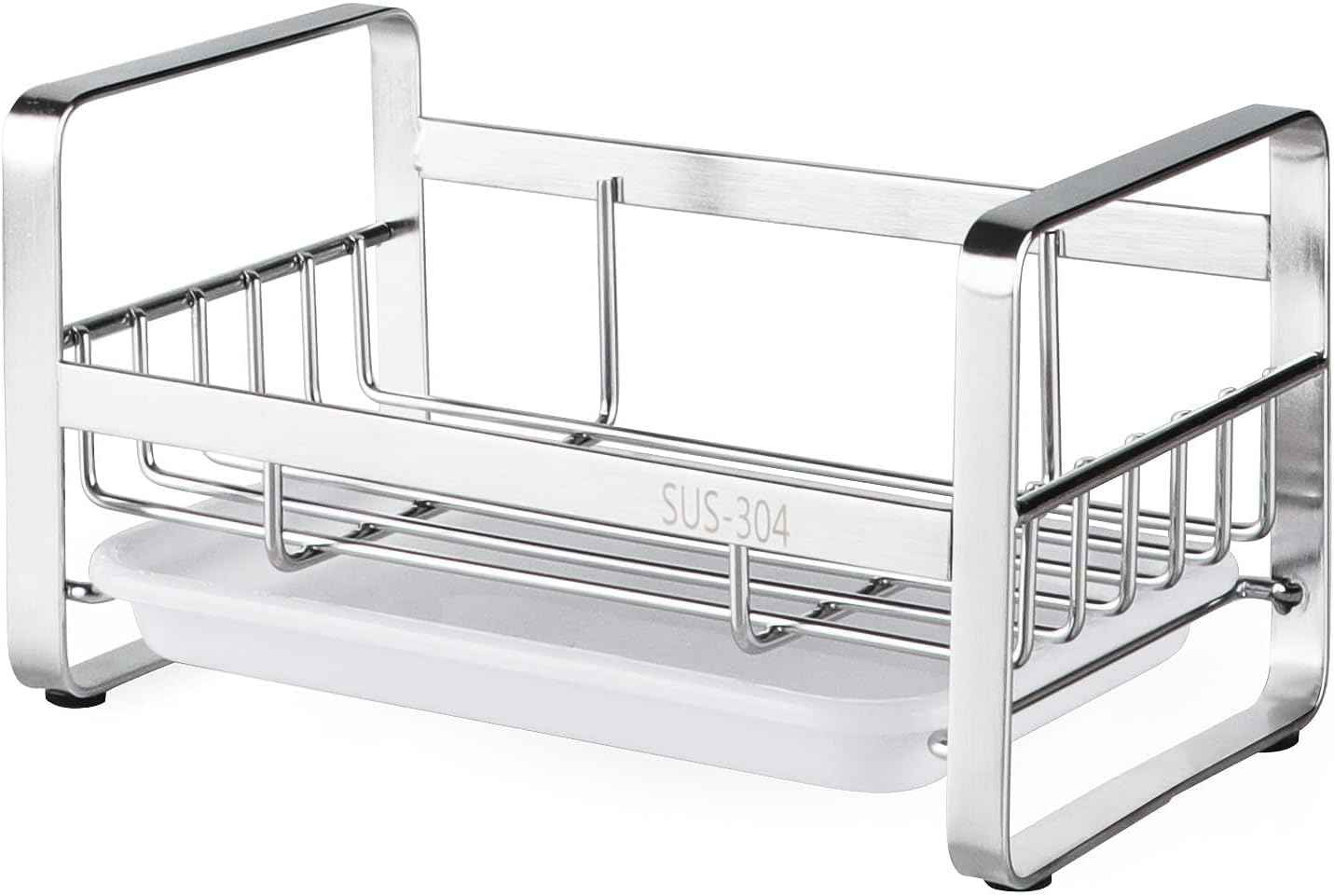 HULISEN Kitchen Sink Sponge Holder, 304 Stainless Steel Kitchen Soap Dispenser Caddy Organizer, Countertop Soap Dish Rack Drainer with Removable Drain Tray, not Including Dispenser and Brush